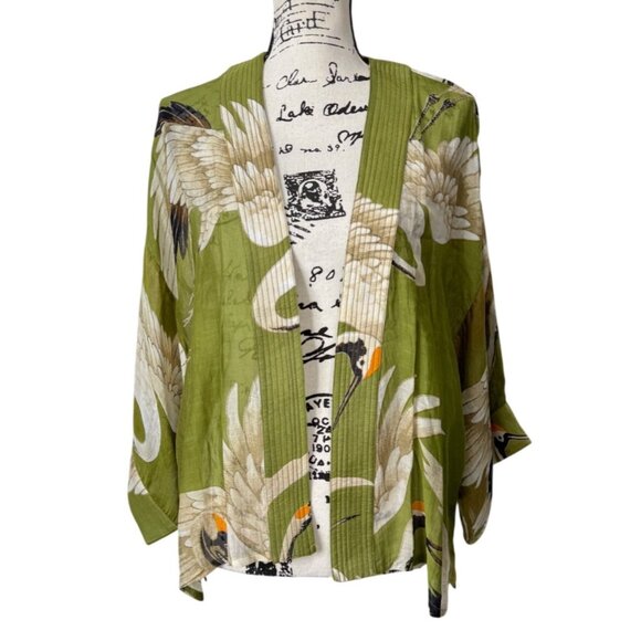 One Hundred Stars Womens Kimono Crane Stork Cardigan Green Artisan Wrap - Picture 1 of 7
